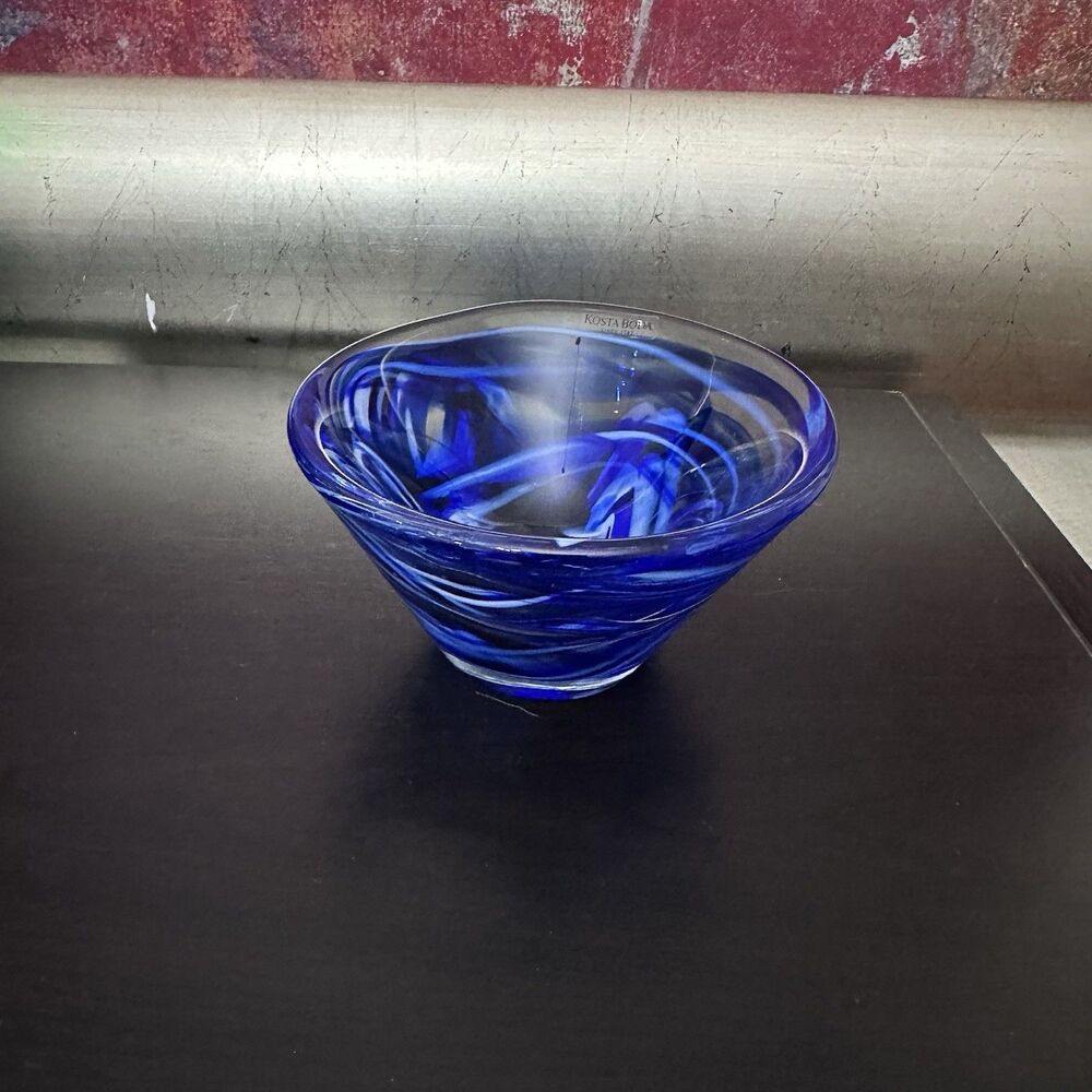 Kosta Boda Tempera Blue White Clear Hand Blown Glass Bowl 4 3/4” Anna Ehmer